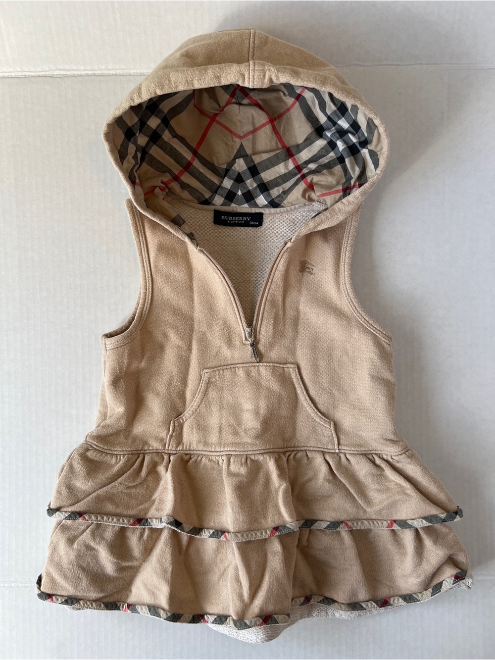 Burberry Beige Hooded Ruffle Dress with Signature Nova Check Lining